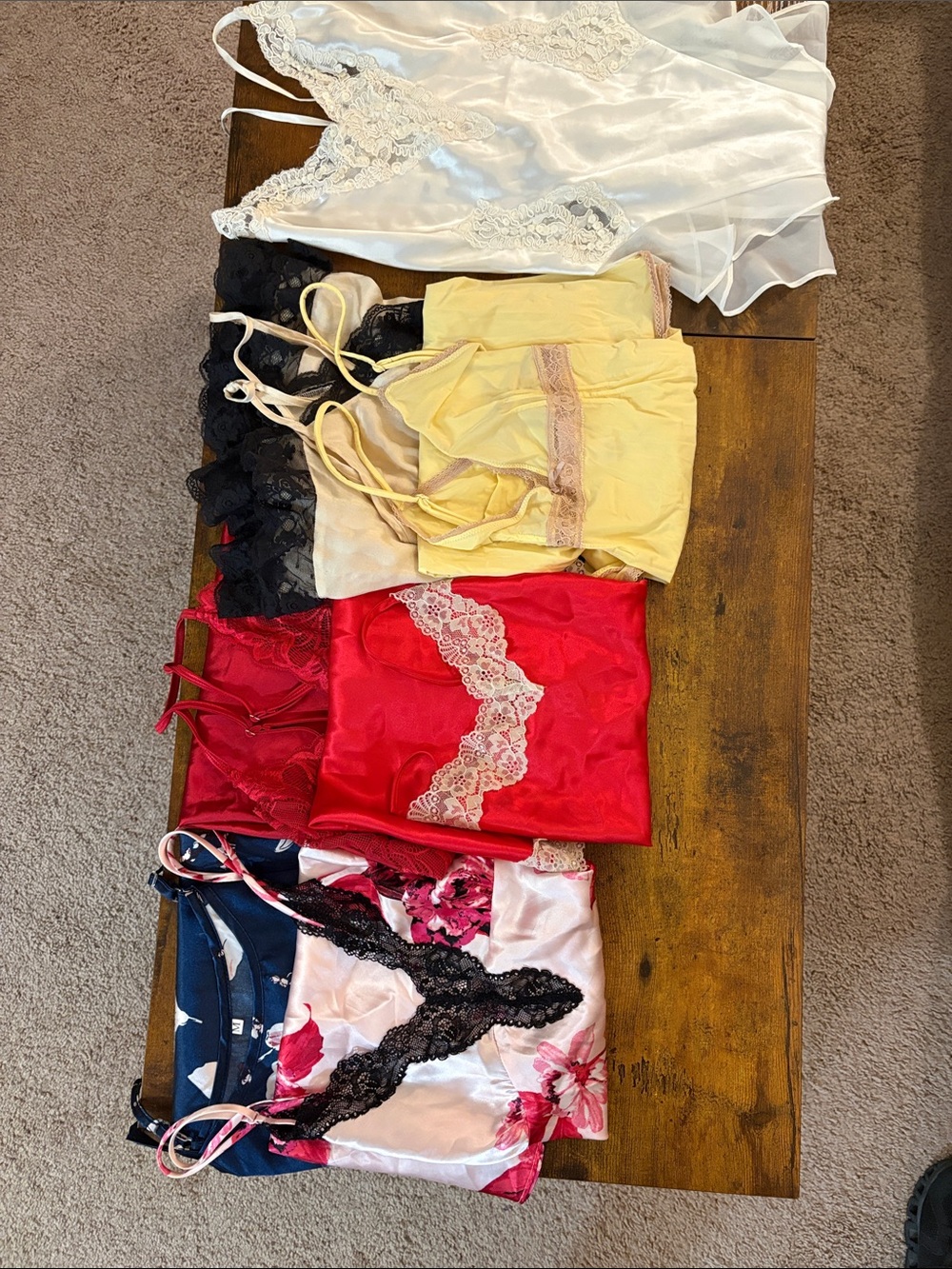 Lot of 7 Lace -Trim Satin Chemise Nightdress - cream, yellow, blue, red, pink